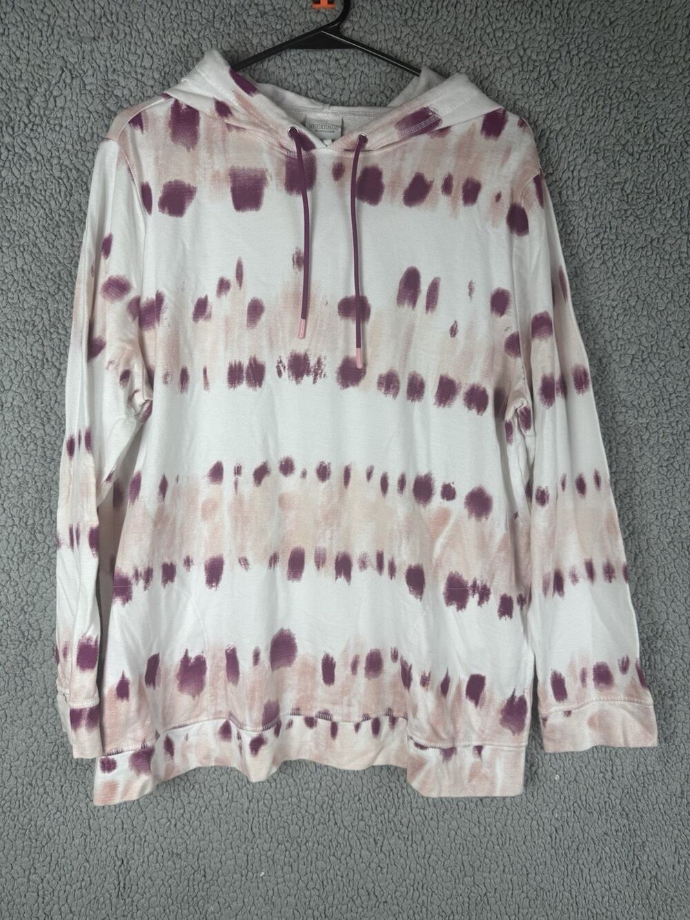 Chico's Weekends Tie Dye Pullover Hoodie White Pink Purple Cotton Viscose Size 3